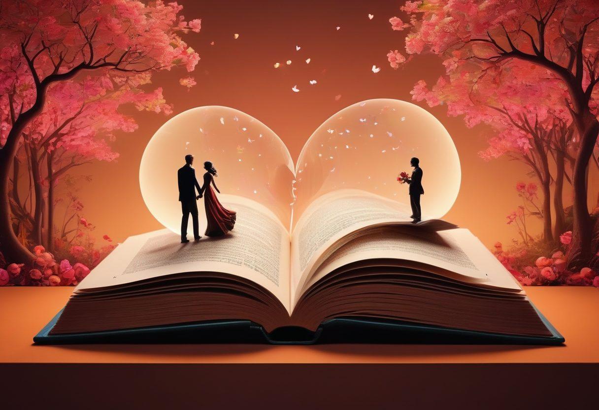 A captivating visual that juxtaposes an open book on one side, filled with delicate illustrations of classic romantic scenes, and a sleek modern screen on the other side displaying vibrant streaming visuals of modern sensual content. The background transitions from the sepia tones of vintage literature to the bright neon hues of contemporary media. Add subtle floating icons of love symbols and romantic elements to connect the two worlds. surrealistic. vibrant colors. blend of classic and modern aesthetics.
