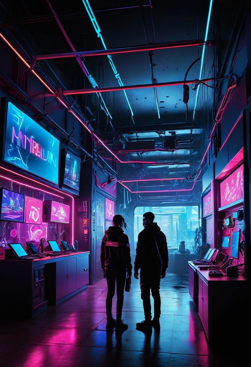 A surreal landscape depicting diverse individuals engaging in various adult activities on digital devices, illuminated by neon lights. The scene includes abstract representations of online platforms and playful symbols of kink, like whips and handcuffs, subtly integrated into the design. Emphasize an atmosphere of exploration and freedom, with vibrant colors and a futuristic vibe. cyberpunk. vibrant colors. 3D.