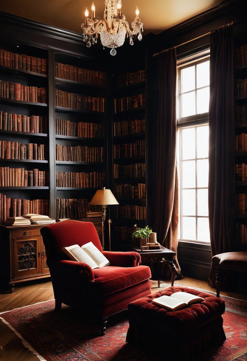 A sensual library filled with shelves of erotic literature, softly lit by warm, inviting light. In the foreground, an open book with flowing, passionate text and a quill pen; a plush velvet chair, symbolizing comfort and indulgence. A silhouette of a couple in the background, hinting at intimacy and connection. The scene evokes curiosity and allure. super-realistic. warm colors. cozy ambiance.